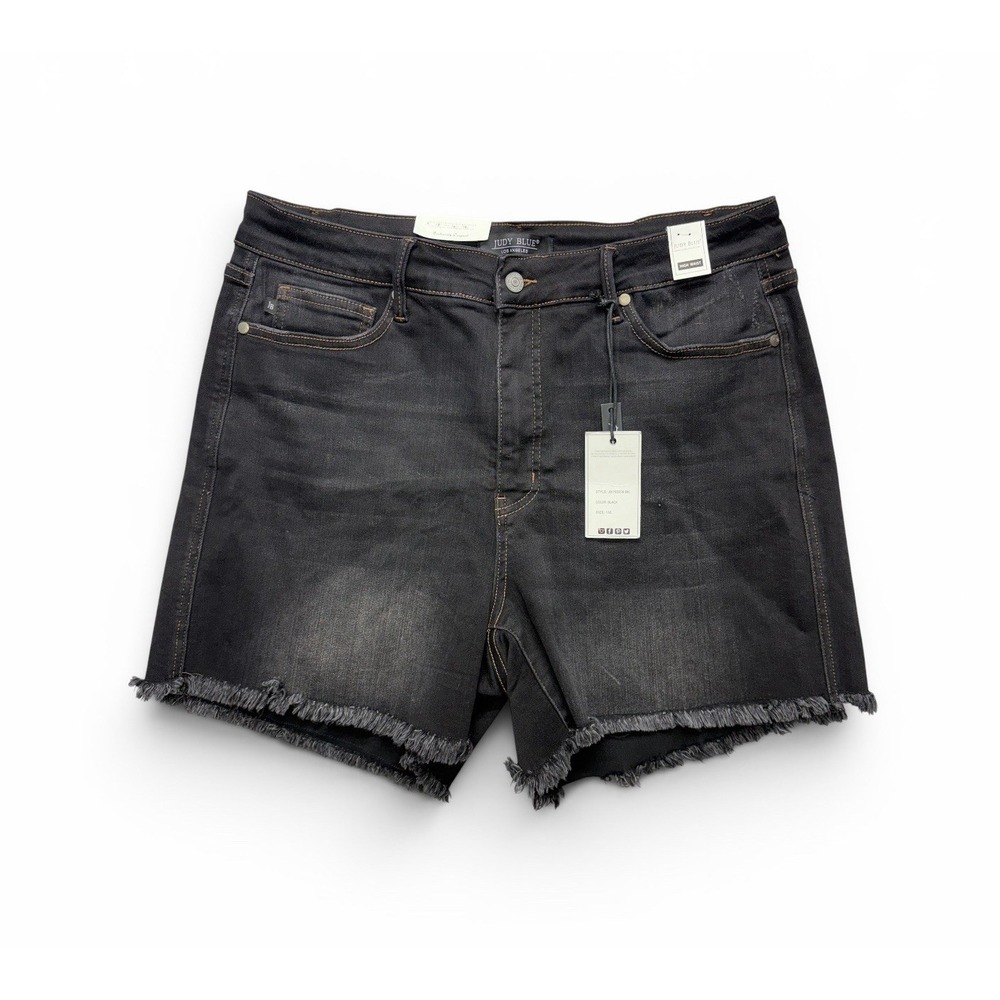 Judy Blue Womens Shorts 1XL Black Denim Raw Hem Stretch Distressed High Rise